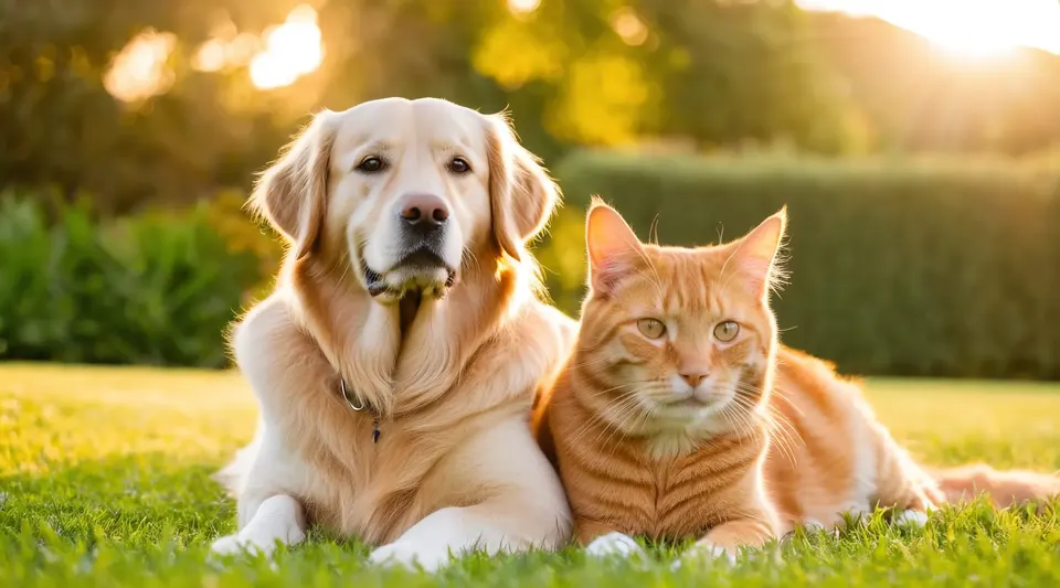 Golden retriever and orange tabby cat