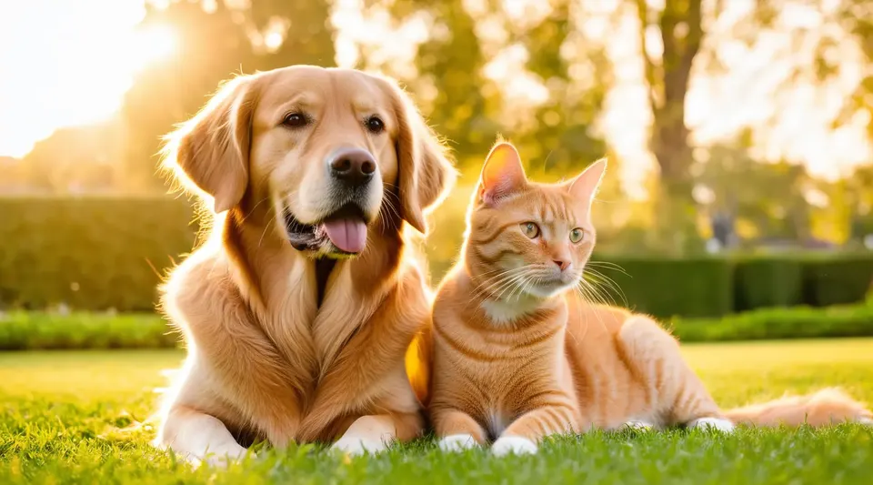 Golden retriever and orange tabby cat